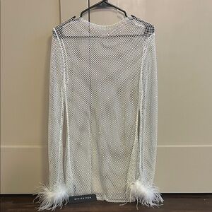 White Fox Mesh Dress with Feather Cuffs